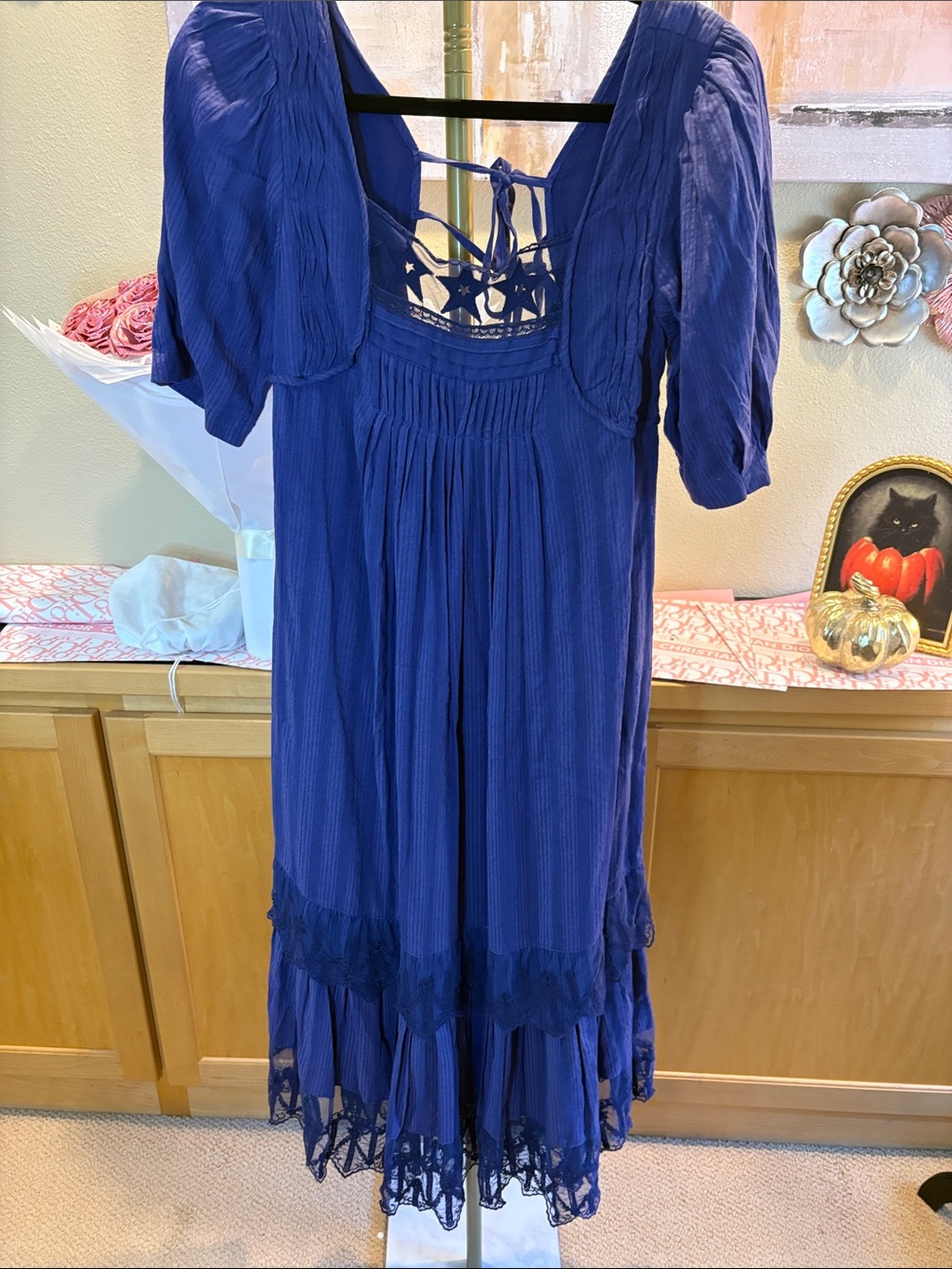 Free People Royal Blue Midi Dress with Lace Trim